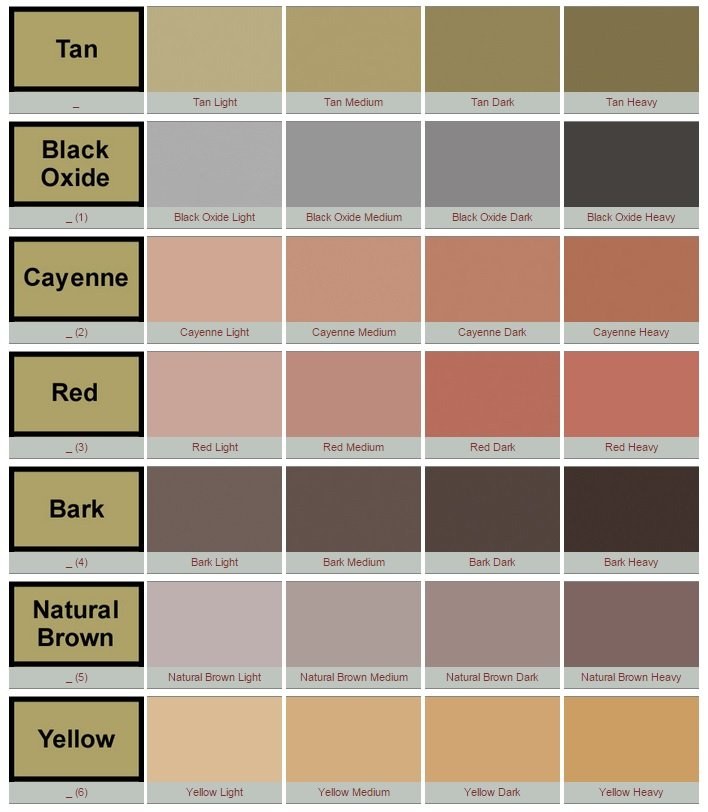 Increte 7-for-28 concrete color chart showing Tan, Black Oxide, Cayenne, Red, Bark, Natural Brown, and Yellow in four intensities each